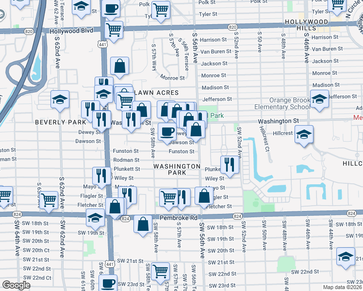 map of restaurants, bars, coffee shops, grocery stores, and more near 5640 Dawson Street in Hollywood