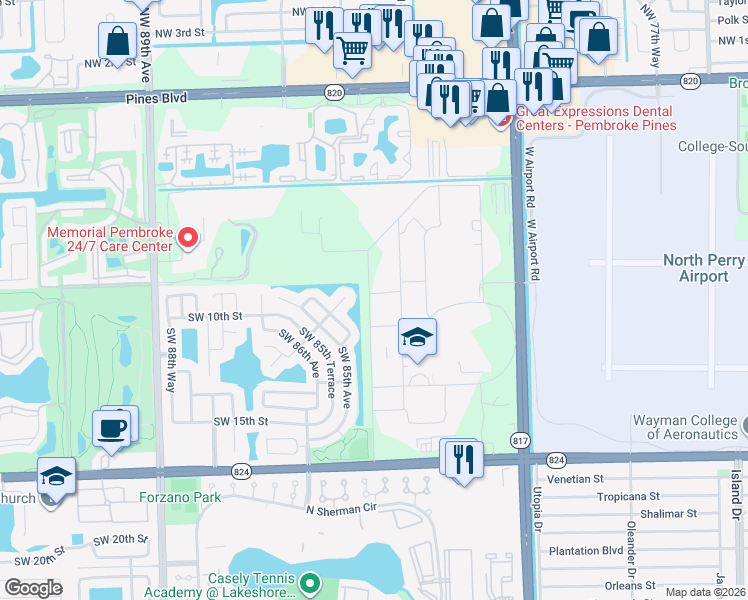 map of restaurants, bars, coffee shops, grocery stores, and more near 1001 Poinciana Drive in Pembroke Pines