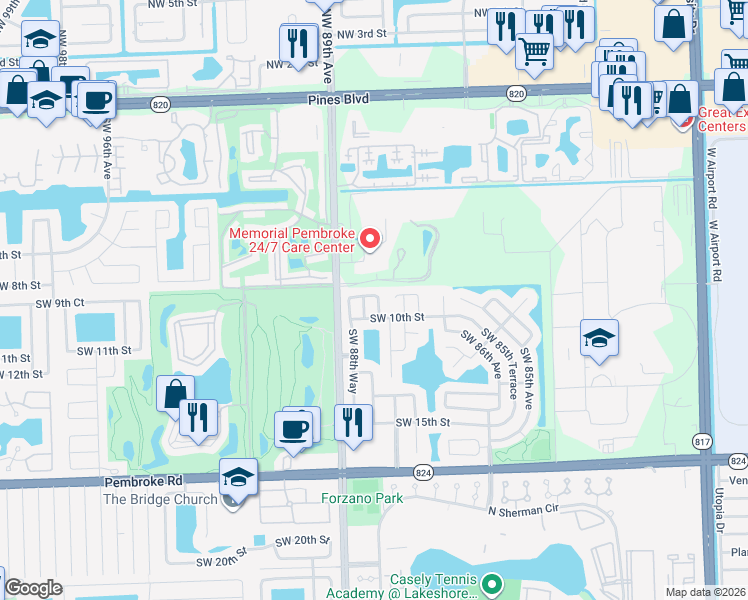 map of restaurants, bars, coffee shops, grocery stores, and more near 920 Southwest 88th Avenue in Pembroke Pines