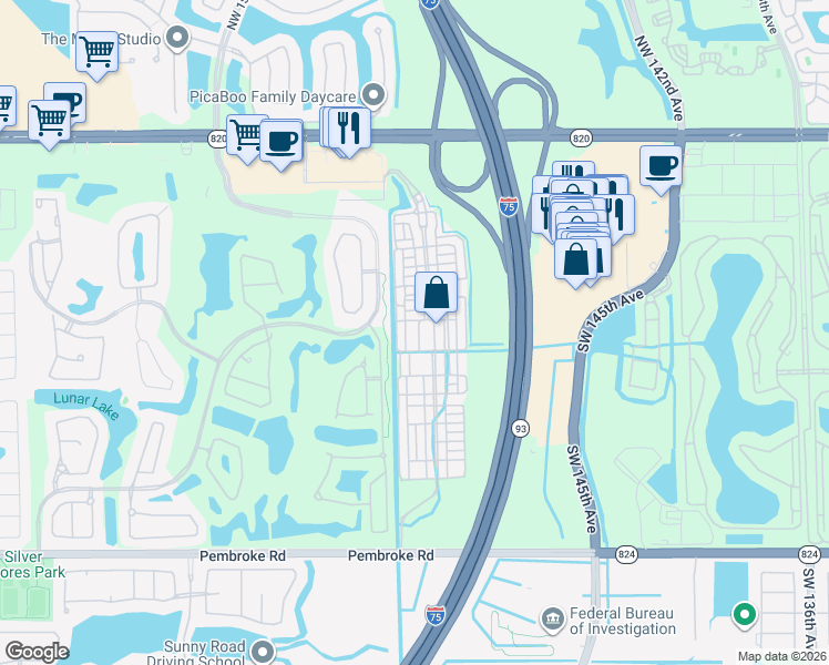 map of restaurants, bars, coffee shops, grocery stores, and more near 952 Southwest 147th Avenue in Pembroke Pines