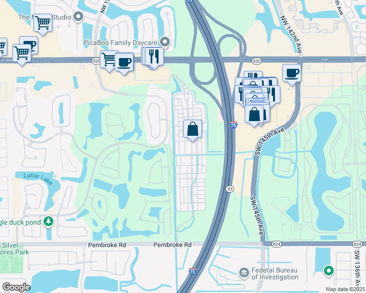 map of restaurants, bars, coffee shops, grocery stores, and more near 930 Southwest 147th Avenue in Pembroke Pines