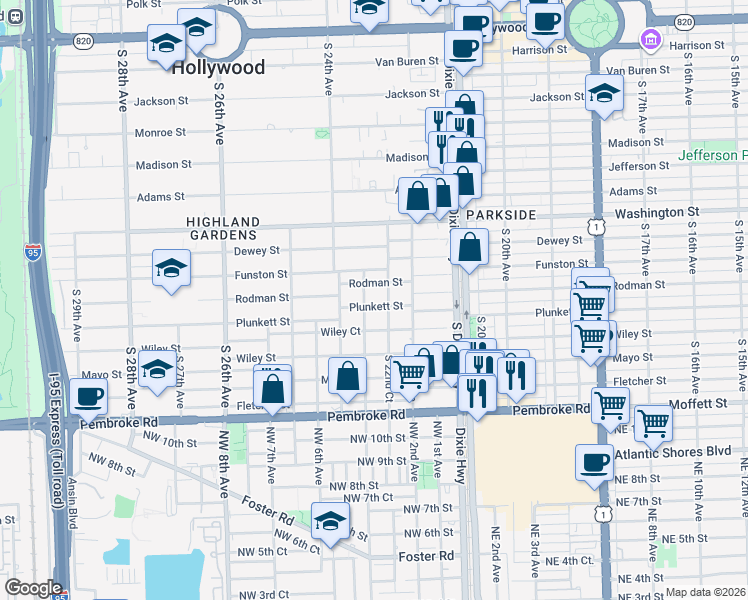 map of restaurants, bars, coffee shops, grocery stores, and more near 2243 Plunkett St in Hollywood