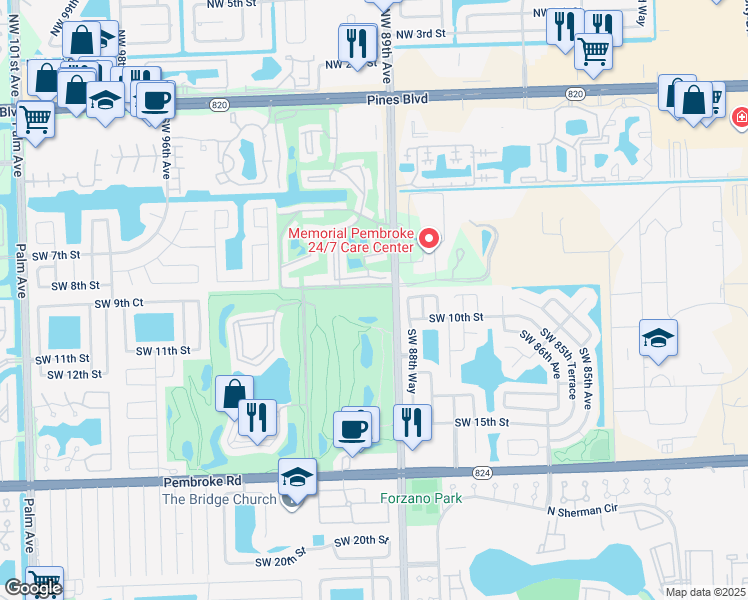 map of restaurants, bars, coffee shops, grocery stores, and more near 8900 Washington Street in Pembroke Pines