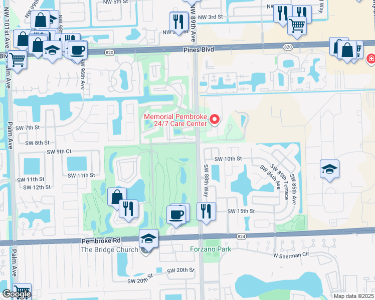 map of restaurants, bars, coffee shops, grocery stores, and more near 8900 Washington Street in Pembroke Pines