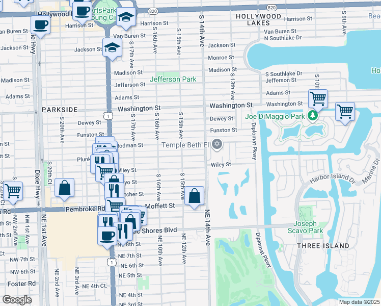 map of restaurants, bars, coffee shops, grocery stores, and more near 1441 Plunkett Street in Hollywood