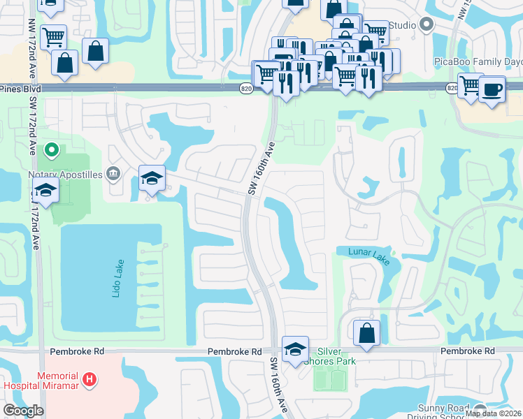 map of restaurants, bars, coffee shops, grocery stores, and more near 15995 Southwest 6th Street in Pembroke Pines