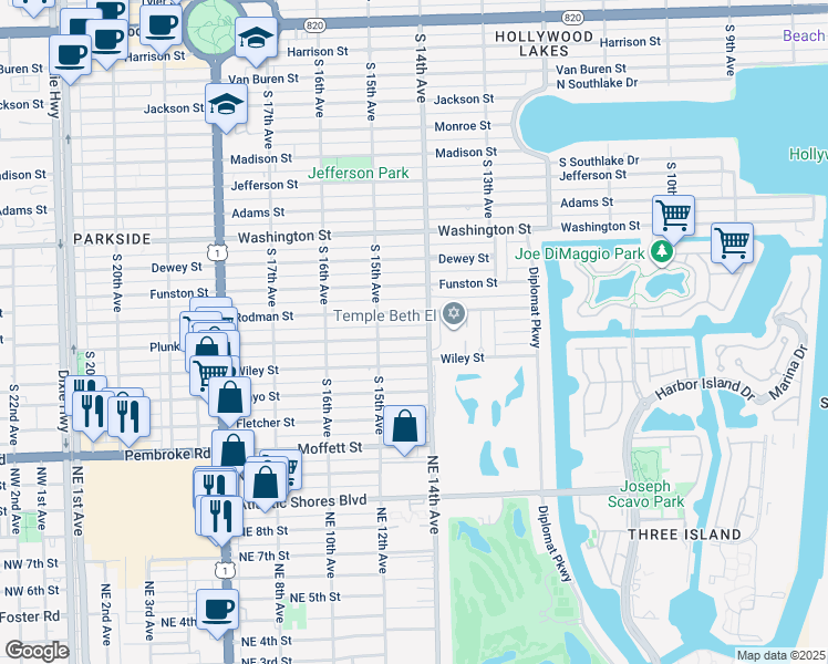 map of restaurants, bars, coffee shops, grocery stores, and more near 1441 Plunkett Street in Hollywood