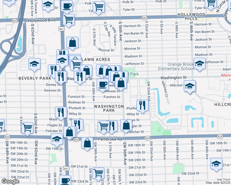 map of restaurants, bars, coffee shops, grocery stores, and more near 5640 Dawson Street in Hollywood