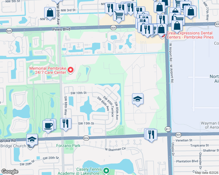 map of restaurants, bars, coffee shops, grocery stores, and more near 8341 Southwest 12th Street in Pembroke Pines