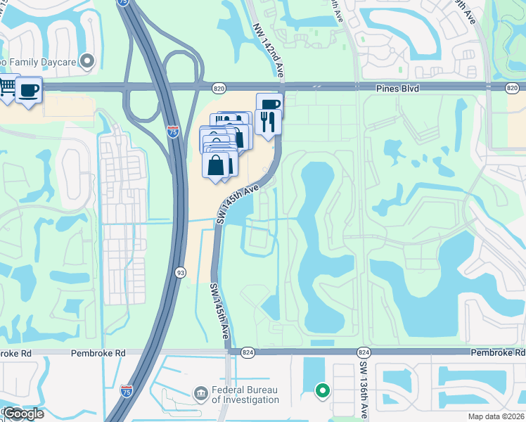 map of restaurants, bars, coffee shops, grocery stores, and more near 918 Southwest 143rd Avenue in Pembroke Pines