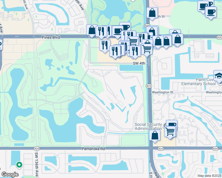 map of restaurants, bars, coffee shops, grocery stores, and more near 701 Southwest 128th Avenue in Pembroke Pines
