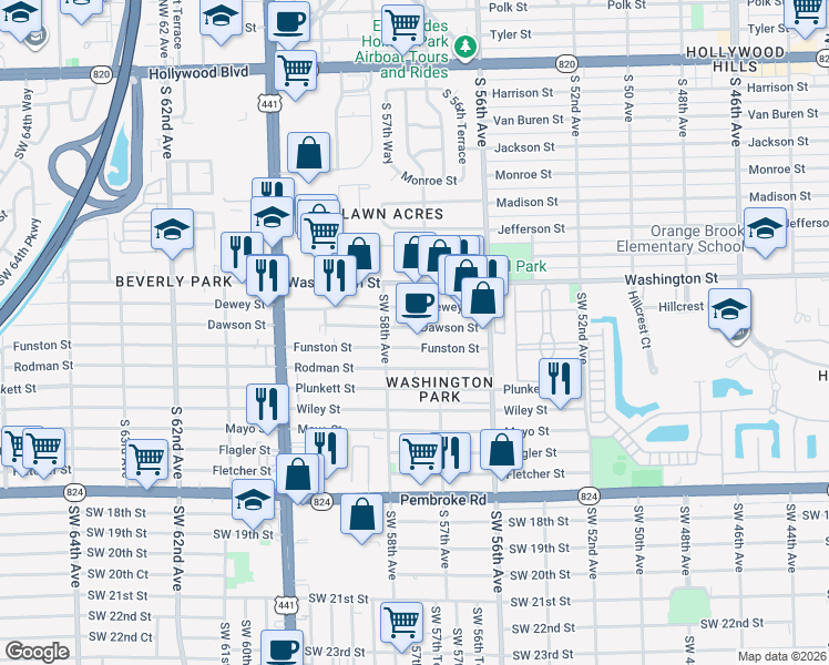 map of restaurants, bars, coffee shops, grocery stores, and more near 5722 Dawson Street in Hollywood