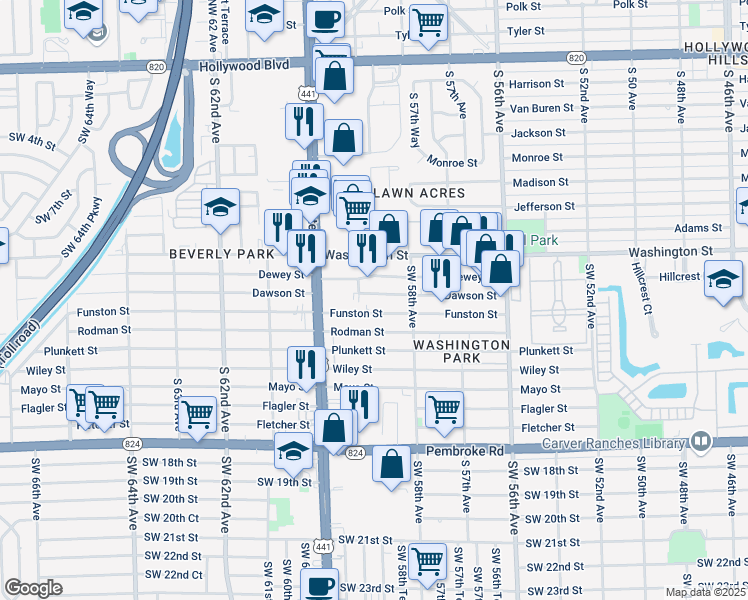 map of restaurants, bars, coffee shops, grocery stores, and more near 5844 Dawson Street in Hollywood