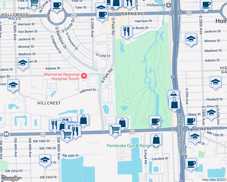 map of restaurants, bars, coffee shops, grocery stores, and more near 1021 South Park Road in Hollywood