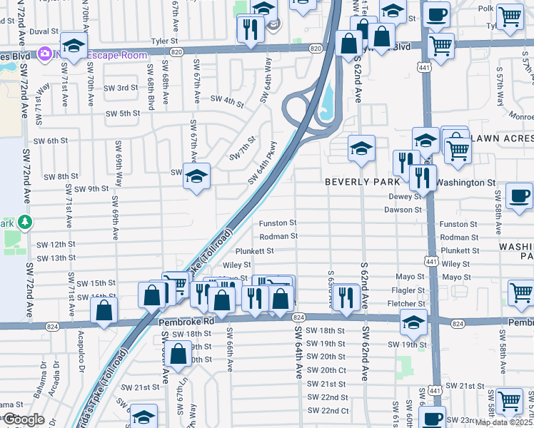 map of restaurants, bars, coffee shops, grocery stores, and more near 6432 Dawson Street in Hollywood