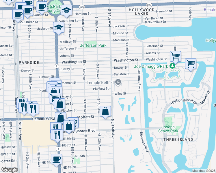 map of restaurants, bars, coffee shops, grocery stores, and more near 1441 Plunkett Street in Hollywood