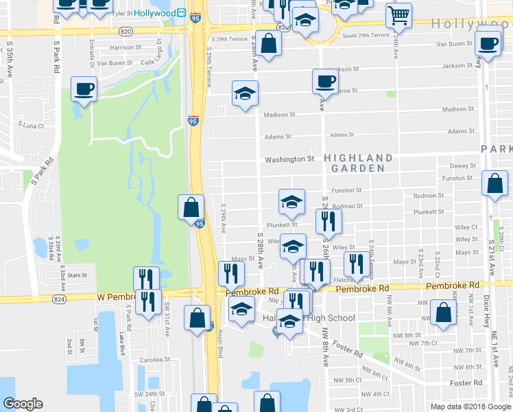 map of restaurants, bars, coffee shops, grocery stores, and more near 1130 South 28th Avenue in Hollywood