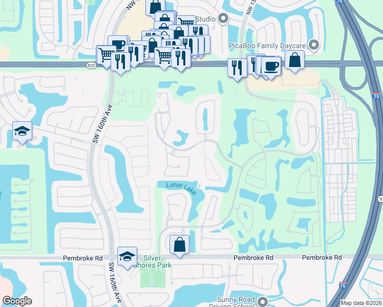 map of restaurants, bars, coffee shops, grocery stores, and more near 1013 Southwest 158th Avenue in Pembroke Pines