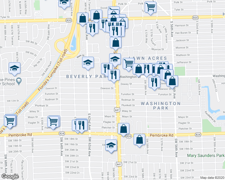 map of restaurants, bars, coffee shops, grocery stores, and more near 6010 Dawson Street in Hollywood