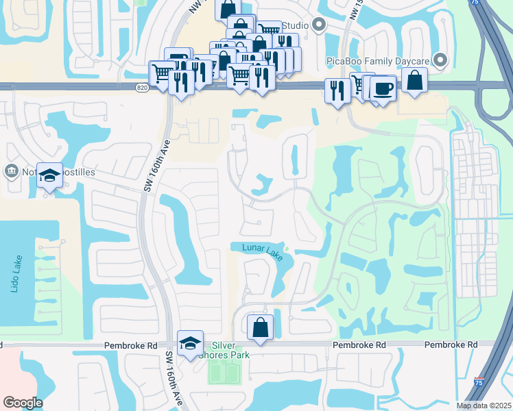 map of restaurants, bars, coffee shops, grocery stores, and more near 15851 Southwest 10th Street in Pembroke Pines