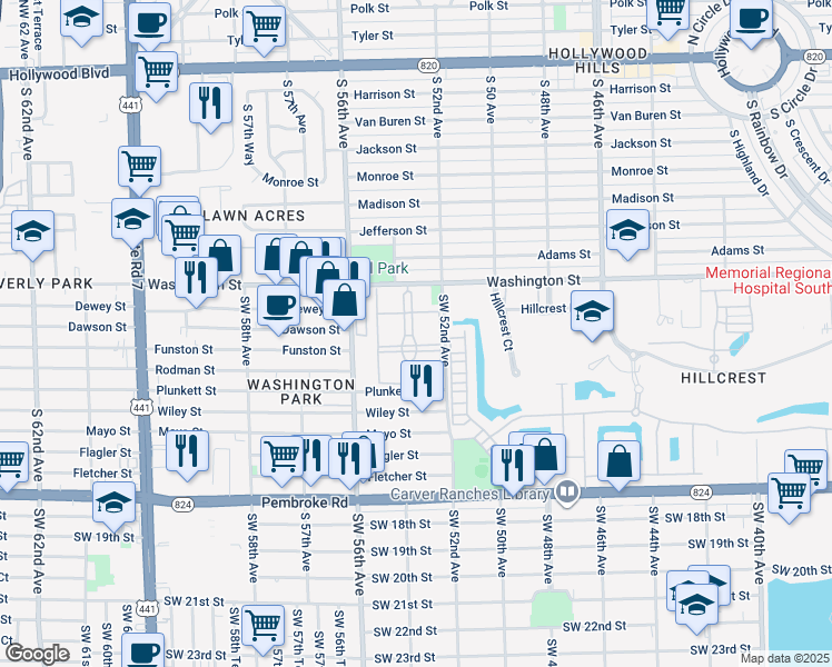 map of restaurants, bars, coffee shops, grocery stores, and more near 5300 Washington Street in Hollywood