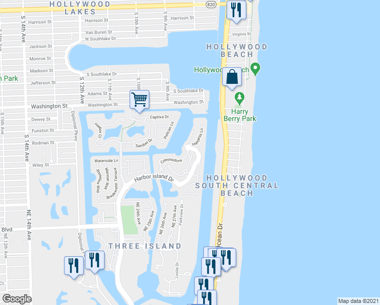 map of restaurants, bars, coffee shops, grocery stores, and more near 802 Spinnaker Drive East in Hollywood