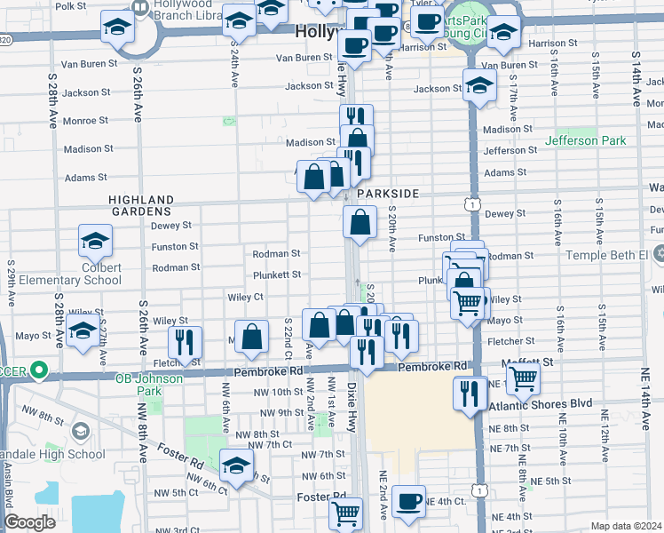map of restaurants, bars, coffee shops, grocery stores, and more near 2114 Plunkett Court in Hollywood