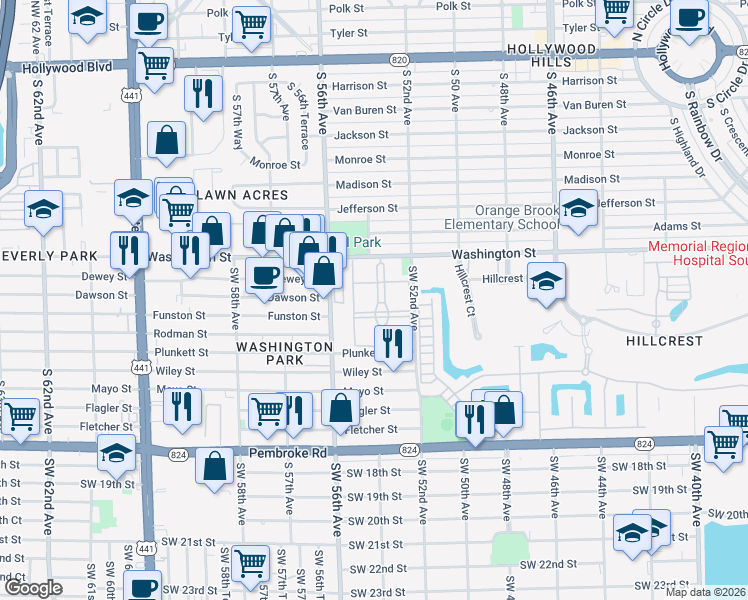 map of restaurants, bars, coffee shops, grocery stores, and more near 5300 Washington Street in Hollywood