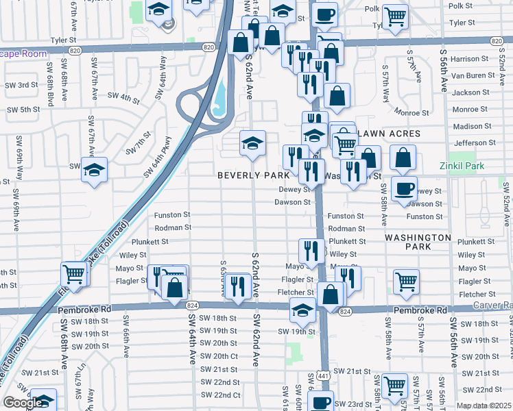 map of restaurants, bars, coffee shops, grocery stores, and more near 6140 Dawson Street in Hollywood