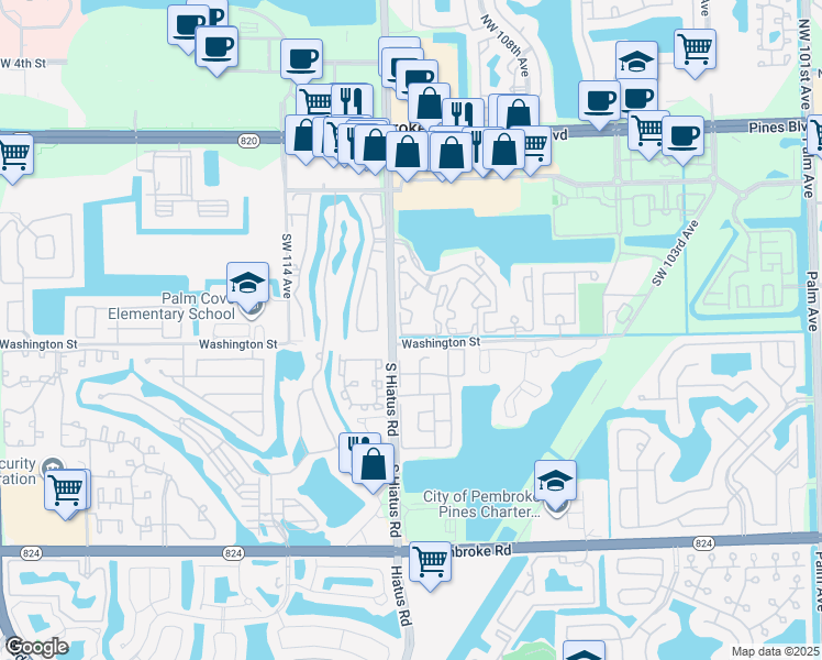 map of restaurants, bars, coffee shops, grocery stores, and more near 11177 Southwest 8th Street in Pembroke Pines