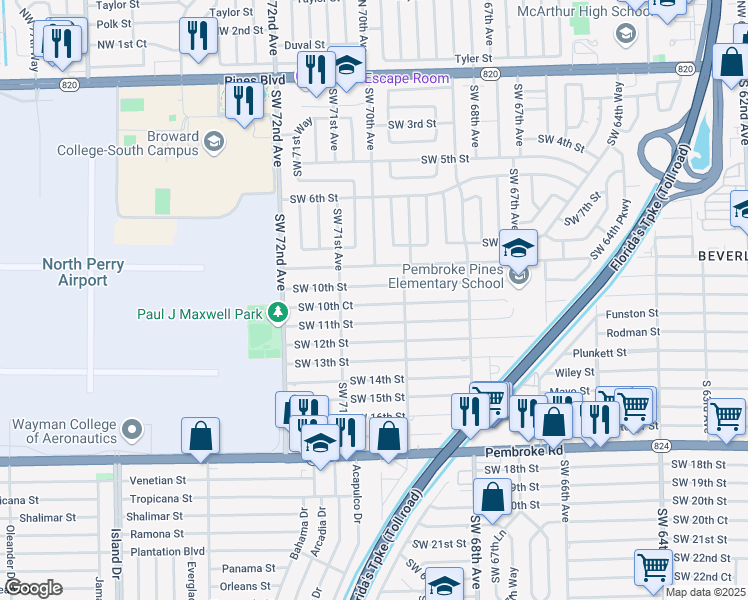 map of restaurants, bars, coffee shops, grocery stores, and more near 6961 Southwest 10th Court in Pembroke Pines