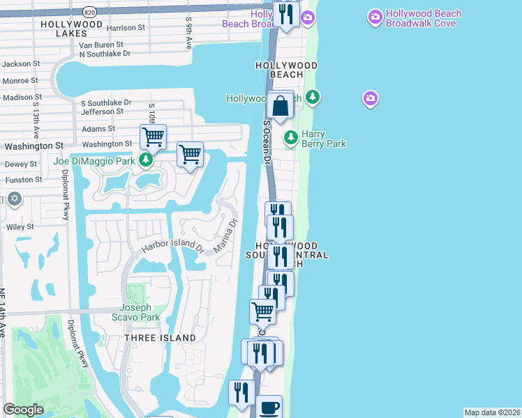 map of restaurants, bars, coffee shops, grocery stores, and more near 12 Greenbriar Terrace in Hollywood