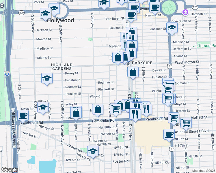 map of restaurants, bars, coffee shops, grocery stores, and more near 2243 Plunkett Street in Hollywood