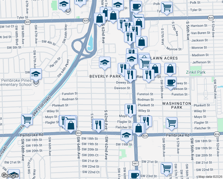 map of restaurants, bars, coffee shops, grocery stores, and more near 6140 Dawson Street in Hollywood