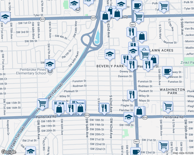 map of restaurants, bars, coffee shops, grocery stores, and more near 6312 Dawson Street in Hollywood