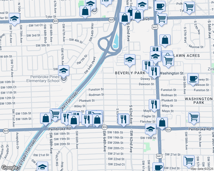 map of restaurants, bars, coffee shops, grocery stores, and more near 6400 Dawson Street in Hollywood