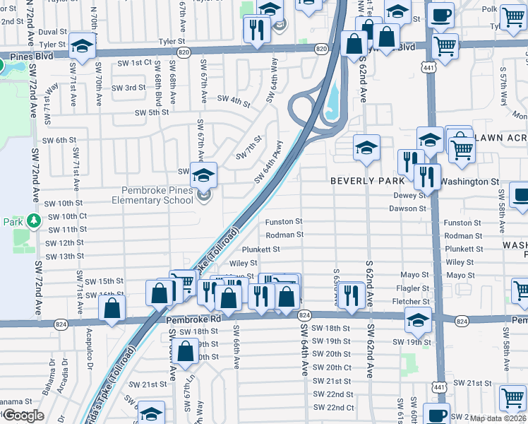 map of restaurants, bars, coffee shops, grocery stores, and more near 6432 Dawson Street in Hollywood