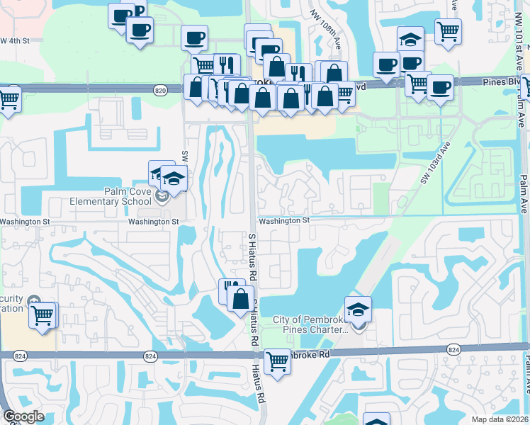 map of restaurants, bars, coffee shops, grocery stores, and more near 11133 Southwest 8th Street in Pembroke Pines
