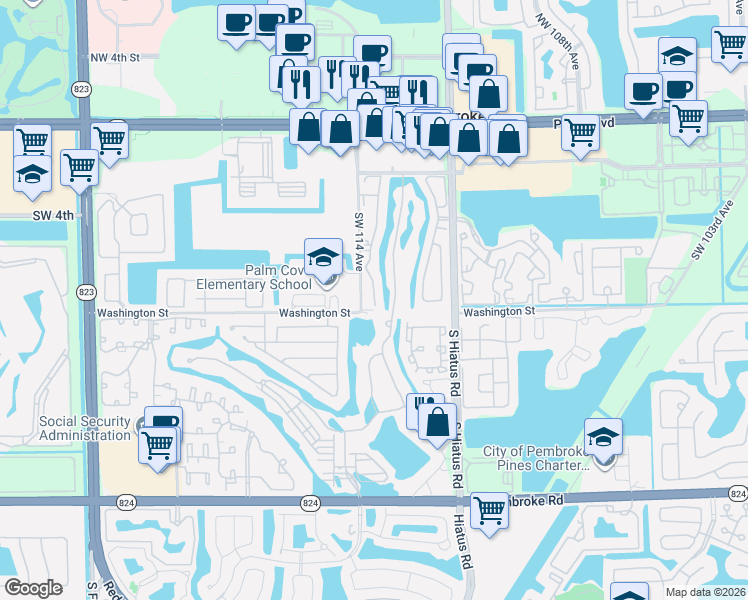 map of restaurants, bars, coffee shops, grocery stores, and more near 1294 Southwest 113th Way in Pembroke Pines