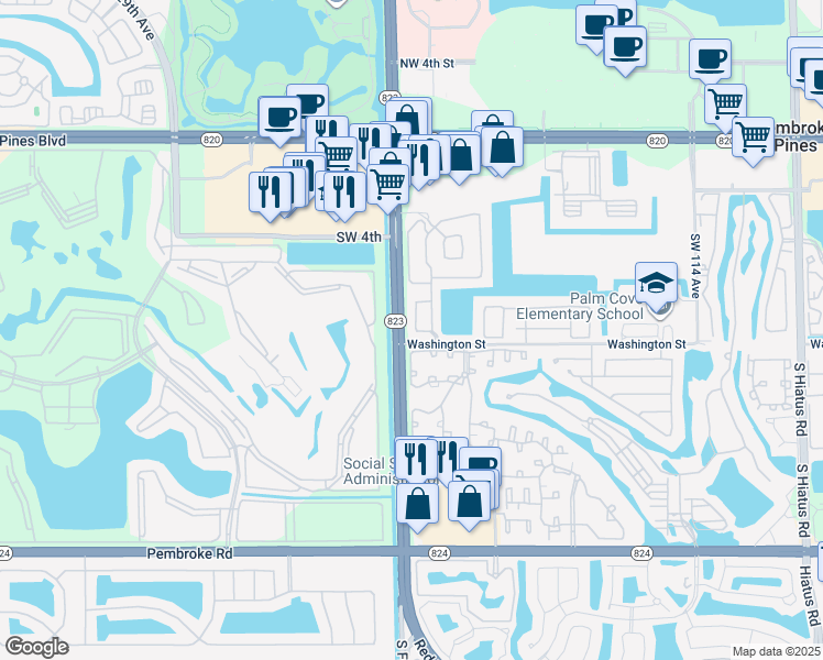 map of restaurants, bars, coffee shops, grocery stores, and more near in Pembroke Pines