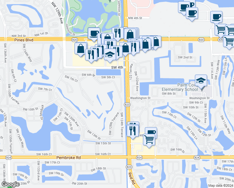 map of restaurants, bars, coffee shops, grocery stores, and more near 900 Southwest 125th Way in Pembroke Pines