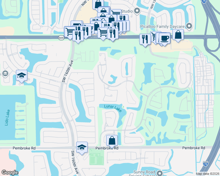map of restaurants, bars, coffee shops, grocery stores, and more near 15851 Southwest 10th Street in Pembroke Pines