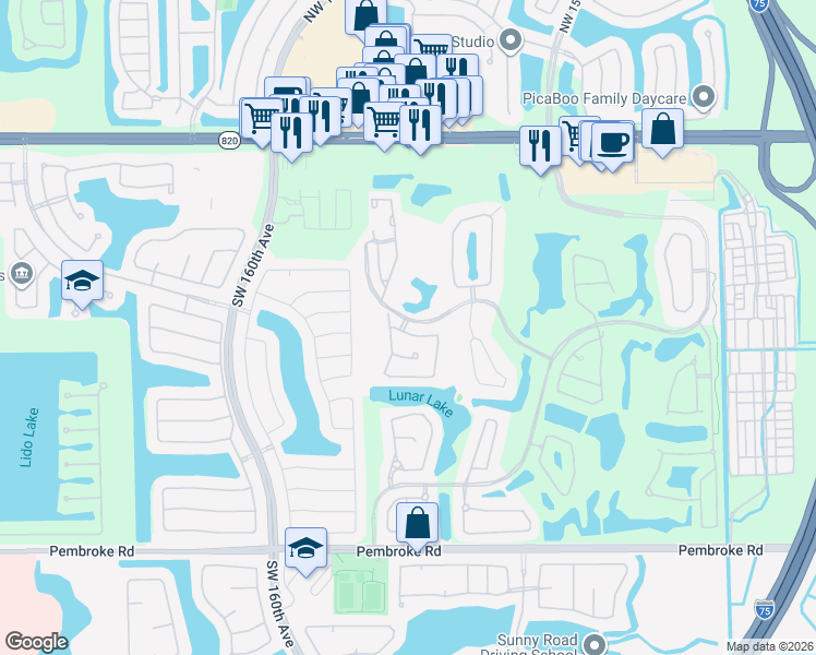 map of restaurants, bars, coffee shops, grocery stores, and more near 15851 Southwest 10th Street in Pembroke Pines