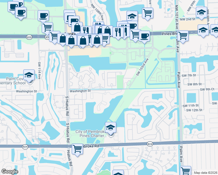 map of restaurants, bars, coffee shops, grocery stores, and more near 790 Southwest 107th Avenue in Pembroke Pines