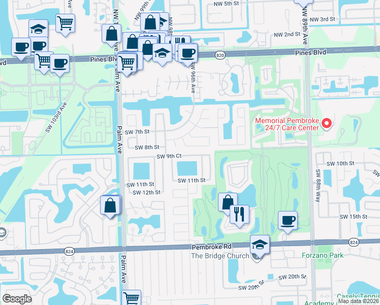 map of restaurants, bars, coffee shops, grocery stores, and more near 9651 Southwest 9th Court in Pembroke Pines