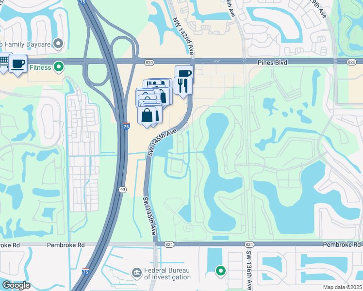 map of restaurants, bars, coffee shops, grocery stores, and more near 918 Southwest 143rd Avenue in Pembroke Pines