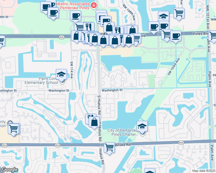 map of restaurants, bars, coffee shops, grocery stores, and more near 11133 Southwest 8th Street in Pembroke Pines