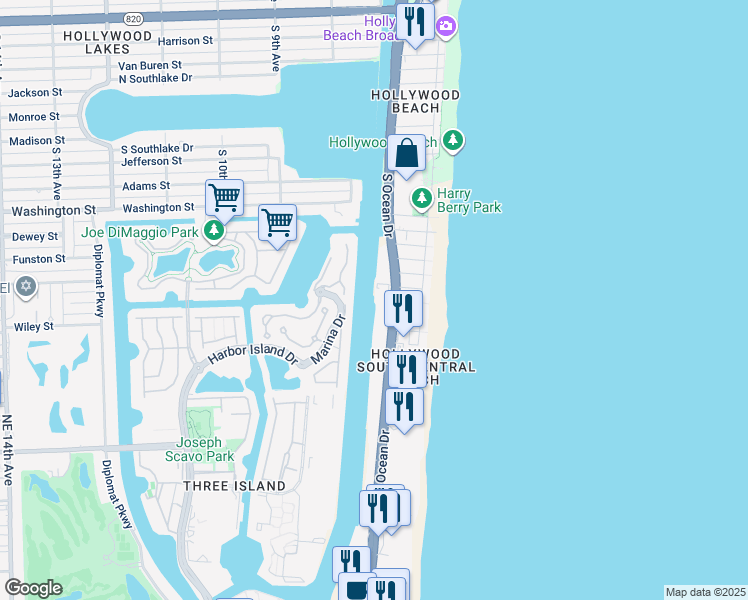 map of restaurants, bars, coffee shops, grocery stores, and more near 1500 South Ocean Drive in Hollywood