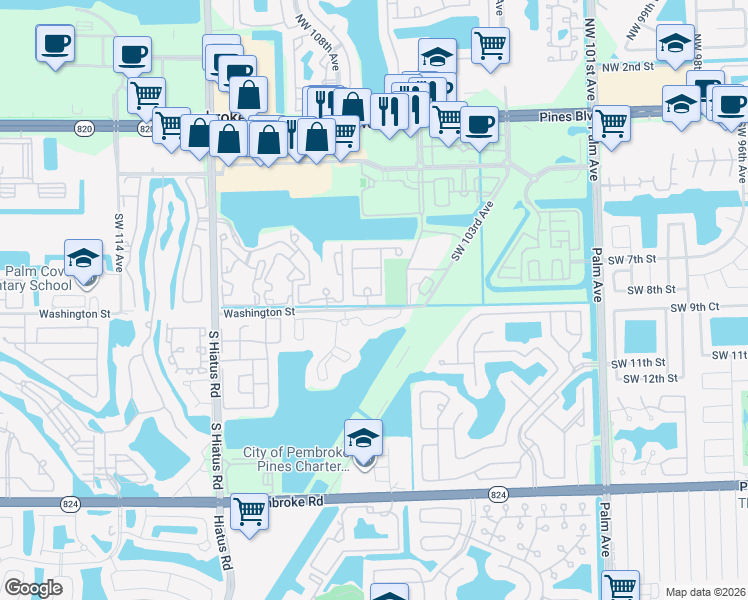 map of restaurants, bars, coffee shops, grocery stores, and more near 10612 Southwest 8th Street in Pembroke Pines