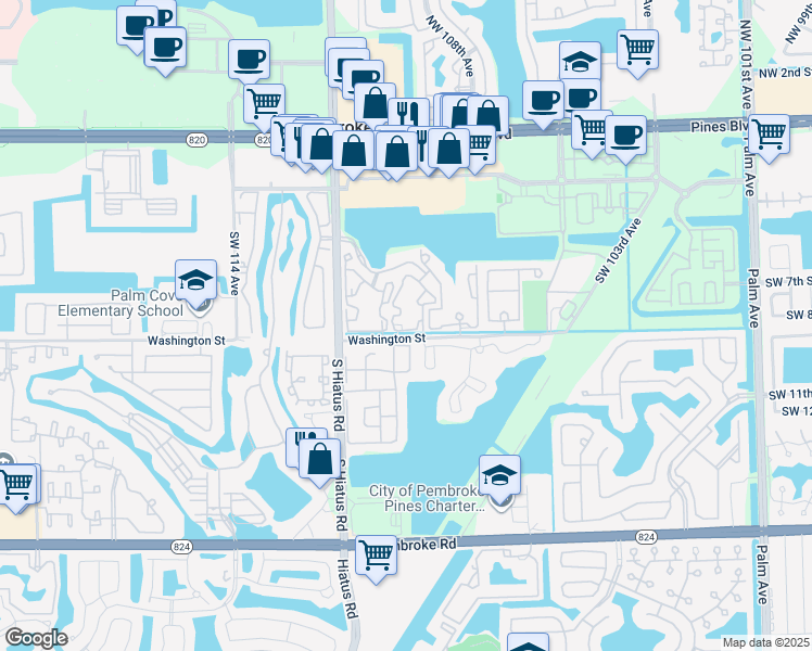 map of restaurants, bars, coffee shops, grocery stores, and more near 11057 Southwest 8th Street in Pembroke Pines